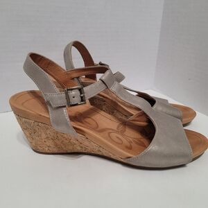 Nurture Shawen Wedge Silver Leather Shoes with Adjustable Ankle Strap Size 9.5M